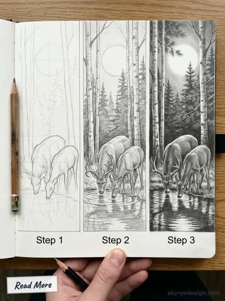 Pencil drawing tutorial showing 3-step progression of two deer drinking at a forest pond under moonlit birch trees.