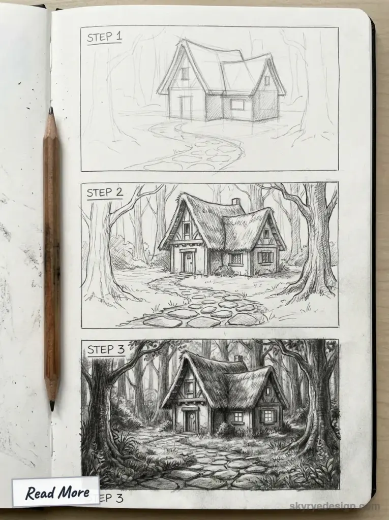 Three-step pencil sketch tutorial of a thatched cottage in a forest with winding stone path, shown on a sketchbook page with a pencil.