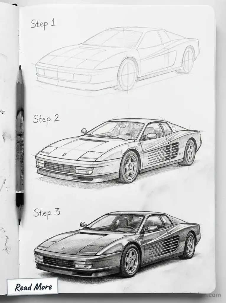 Pencil car drawing tutorial: step-by-step sketchbook showing three stages of a sports car sketch, pencil at left.
