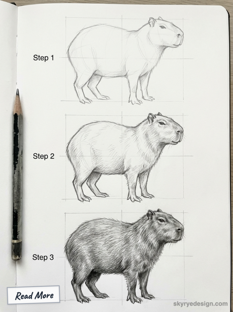 Step by step How to Draw a Capybara tutorial: three gridded stages from basic sketch to detailed fur. 