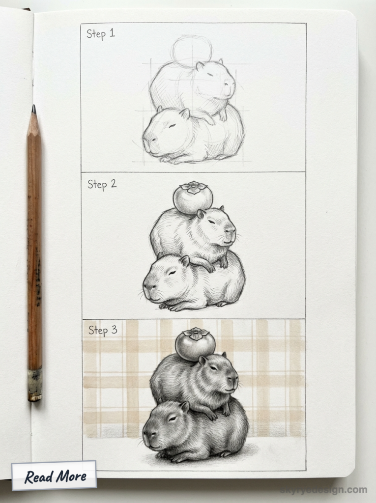 Sketchbook step-by-step pencil tutorial: two stacked capybaras with a persimmon, from rough graphite sketch to finished shaded drawing.