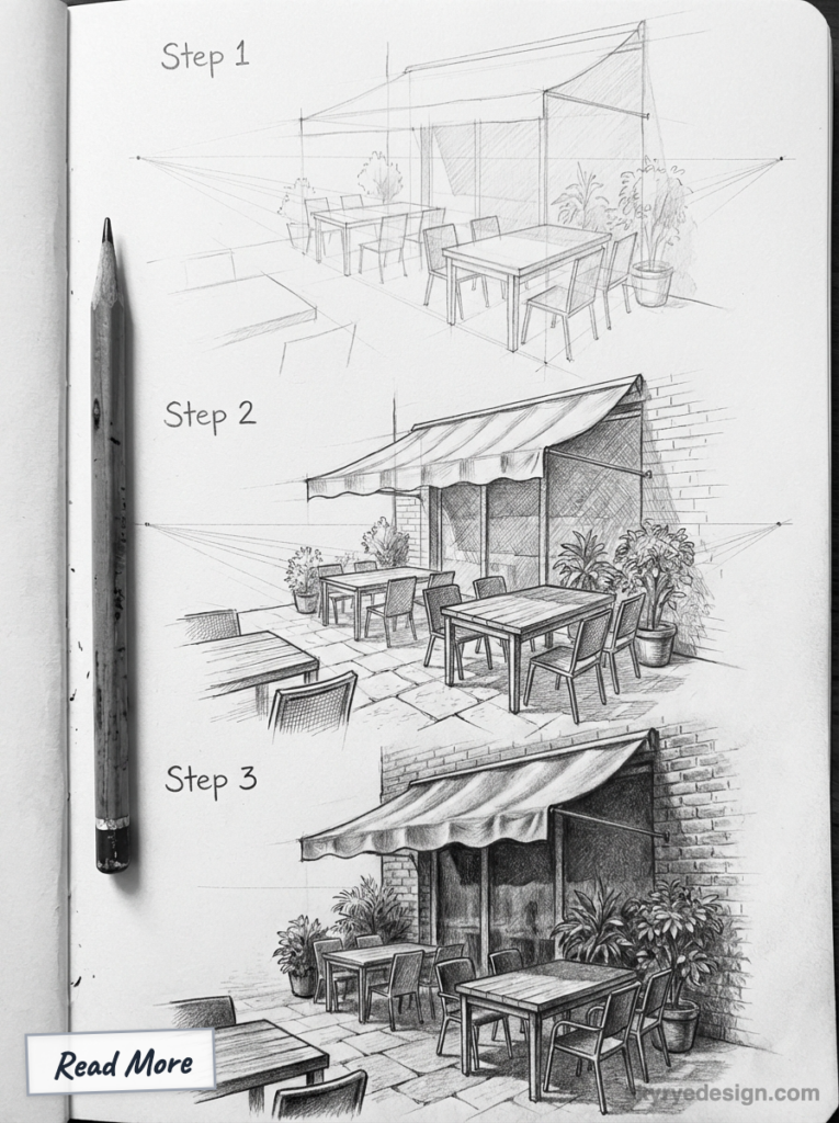 Perspective step-by-step pencil sketch tutorial of a cafe patio showing tables, chairs, awning, potted plants and a pencil