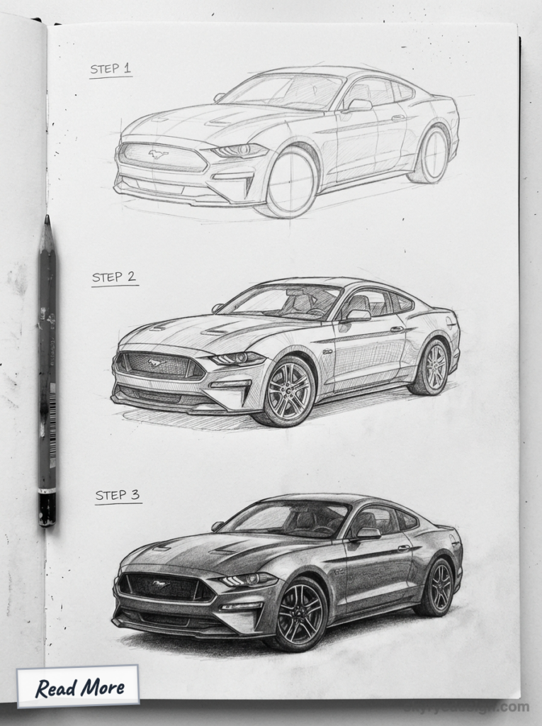 Step-by-step pencil sketch tutorial of a Ford Mustang sports car showing initial outline, refined drawing, and finished shaded rendering.