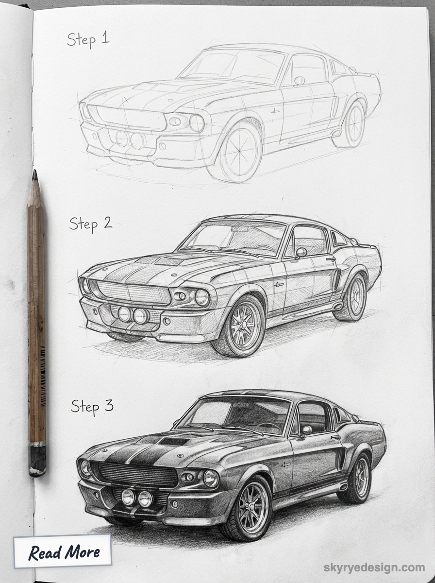 Pencil car drawing tutorial: step-by-step sketch of a classic muscle car in a sketchbook (stages 1–3) with pencil at left.
