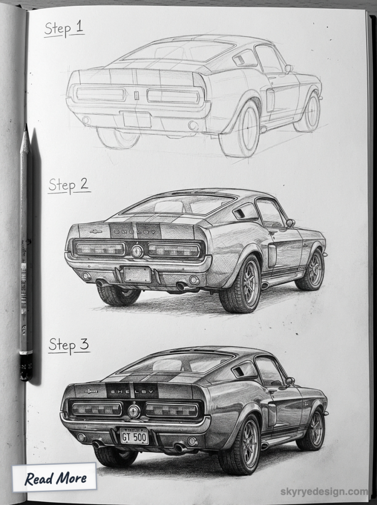 Shelby GT500 Mustang pencil sketch tutorial showing three step-by-step drawing stages in a sketchbook with a pencil at left