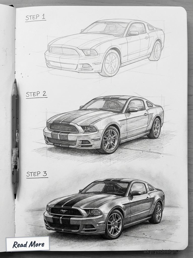 Three-step pencil drawing tutorial showing progression from rough sketch to highly detailed rendered Ford Mustang sports car.