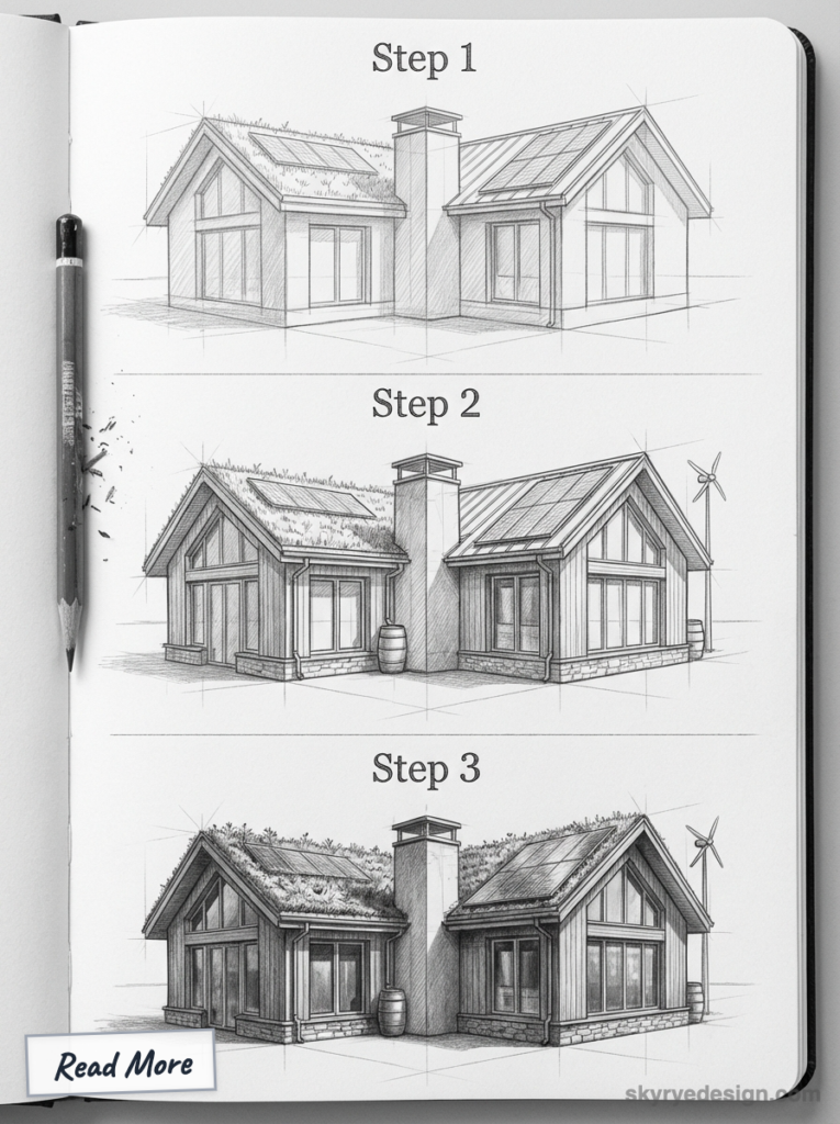 Three-step pencil architectural sketches of an eco house: basic outline to detailed render with solar panels, green roof, wind turbine.