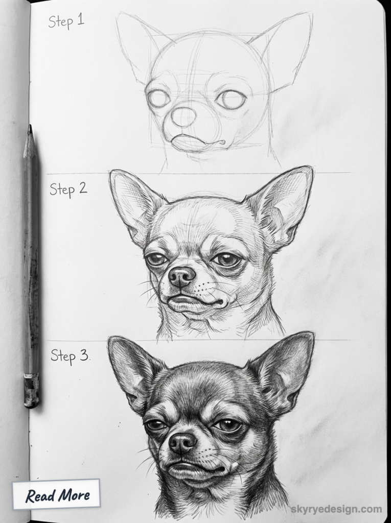 Step-by-step pencil drawing tutorial of a chihuahua head in a sketchbook, showing rough construction to a detailed shaded portrait.