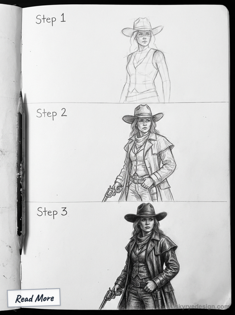 Sketchbook tutorial showing three-step pencil drawing of a female gunslinger in hat, vest and duster, step 1–3.