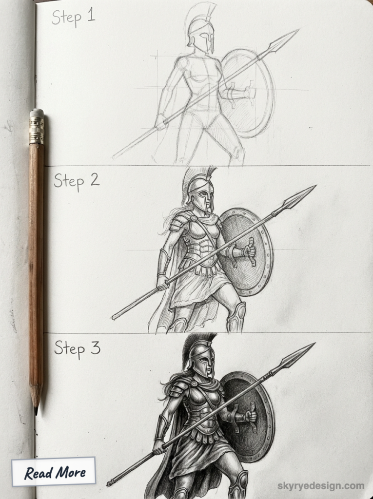 Step-by-step pencil tutorial showing a Greek/Spartan warrior woman with spear and shield in three stages, pencil at left.