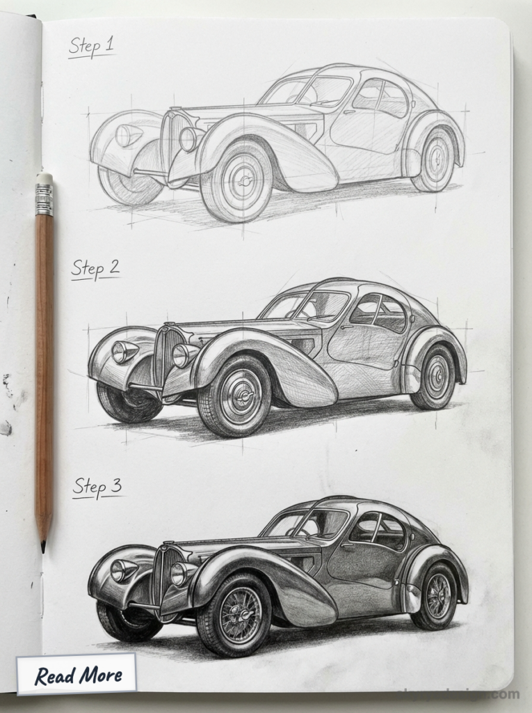 Step-by-step pencil sketch tutorial of a vintage car in a sketchbook, showing progressive shading and detail with a pencil at left.