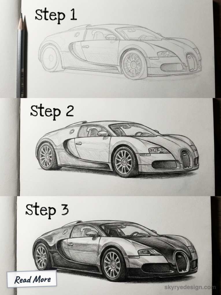 Car drawing tutorial: three-step pencil guide showing a supercar sketch progressing from rough outline to detailed, shaded Bugatti-style drawing. how to draw a Bugatti