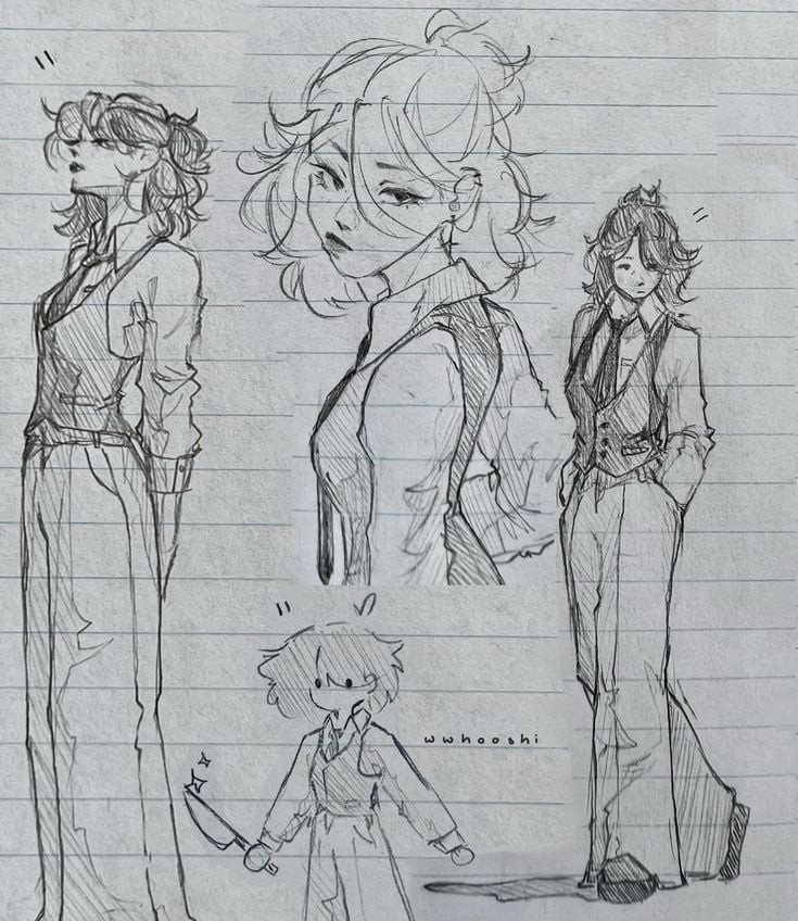 Pencil character design sketches on lined notebook: stylish young woman in vest, shirt and wide trousers in multiple poses, plus a chibi with a knife.