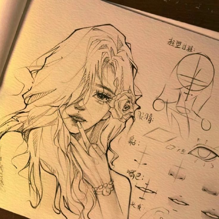 Stylized pencil sketch portrait of long-haired woman with rose in hair, finger to lips, surrounded by feature studies and notes in a sketchbook.