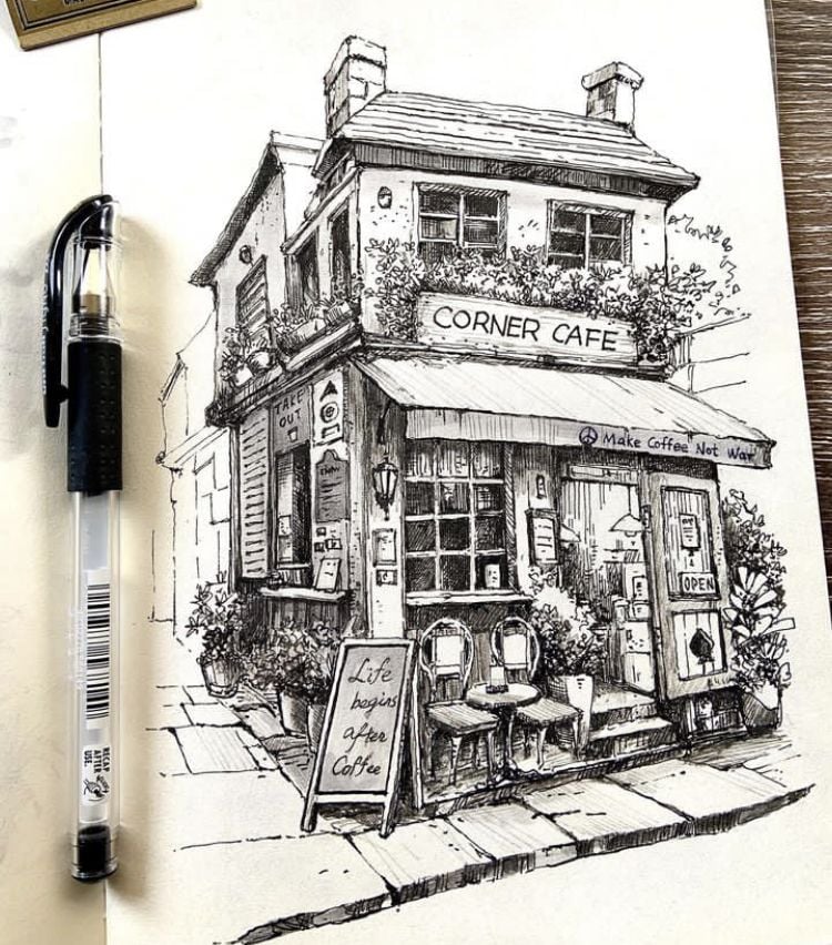 street 1 Ink drawing of a quaint corner café with outdoor seating, charming decor, and a sign reading Life begins after coffee. | Sky Rye Design Ink drawing of a quaint corner café with outdoor seating, charming decor, and a sign reading Life begins after coffee.