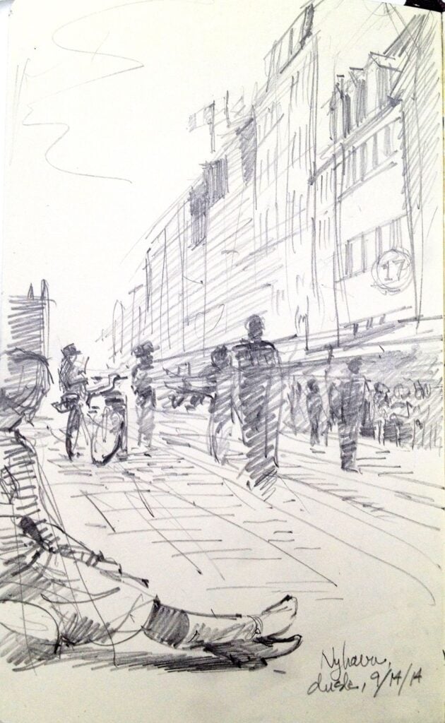 street 2 Pencil sketch of a busy city street scene with people and bicycles, capturing dynamic movement and urban life. | Sky Rye Design Pencil sketch of a busy city street scene with people and bicycles, capturing dynamic movement and urban life.