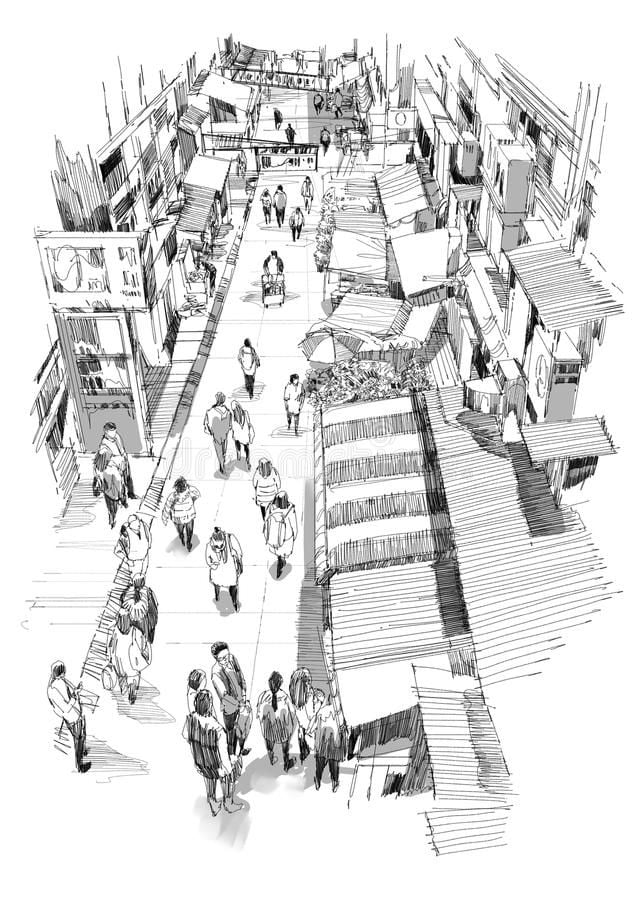 streetsketch2 Sketch of a busy urban street market bustling with people, surrounded by vendor stalls and buildings, viewed from above. | Sky Rye Design Sketch of a busy urban street market bustling with people, surrounded by vendor stalls and buildings, viewed from above.
