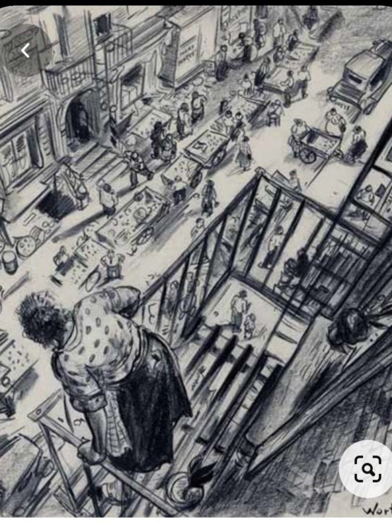 streetsketch3 Illustration: Woman on fire escape observing a bustling street below with market stalls and people, capturing a lively urban scene. | Sky Rye Design Illustration: Woman on fire escape observing a bustling street below with market stalls and people, capturing a lively urban scene.