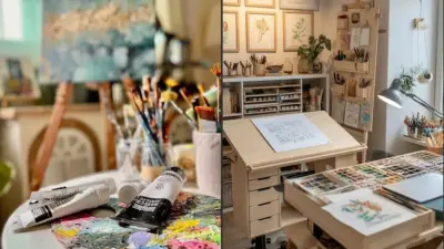 Bright art studio split scene: close-up paint tubes, palette and brushes; organized drafting table with watercolors, sketches and lamp.