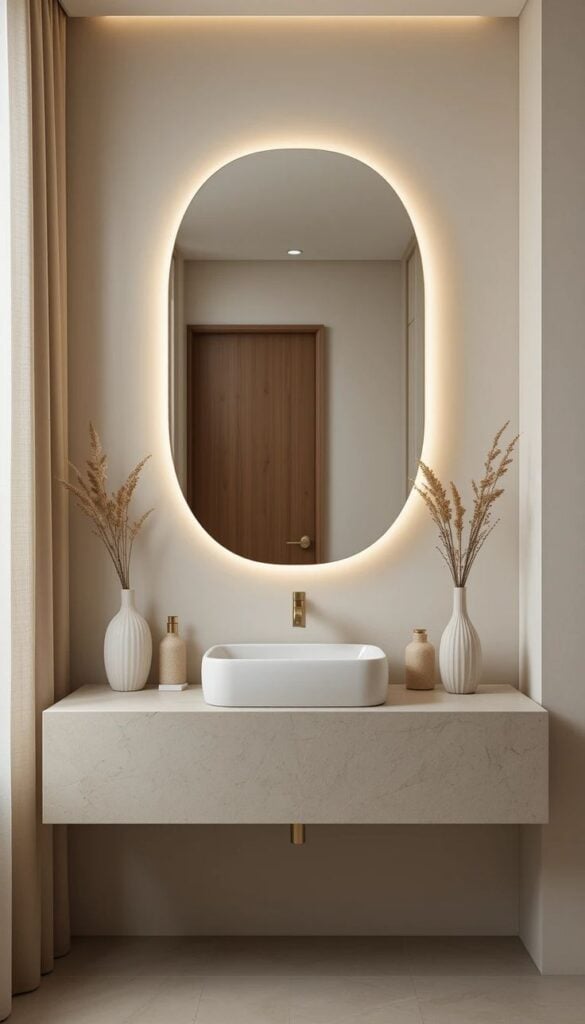 Modern minimalist beige bathroom vanity with oval backlit mirror, white vessel sink, gold faucet and vases with dried grasses