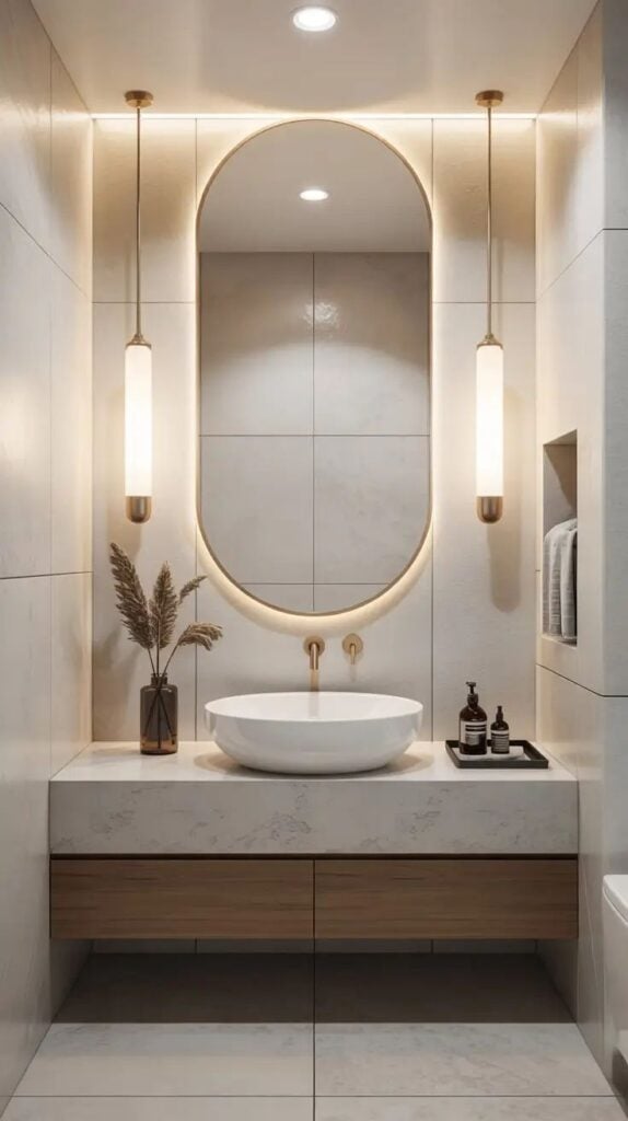Modern minimalist bathroom vanity with oval backlit mirror, white vessel sink, marble countertop, brass faucets and pendant lights.