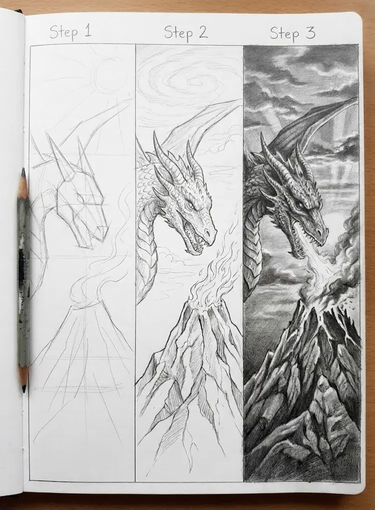 Step-by-step pencil drawing progression: dragon breathing fire over an erupting volcano, from rough sketch to detailed shaded final.