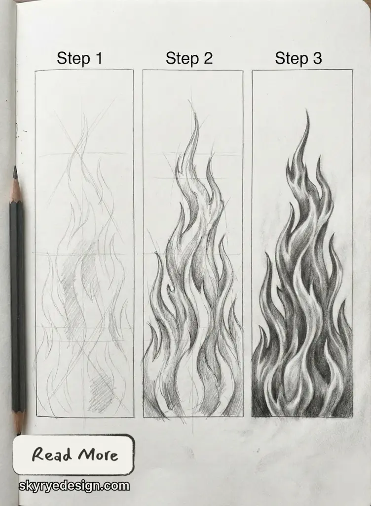 Pencil drawing tutorial: stylized flames step-by-step in three panels showing sketch, refined linework, and shaded finished flame