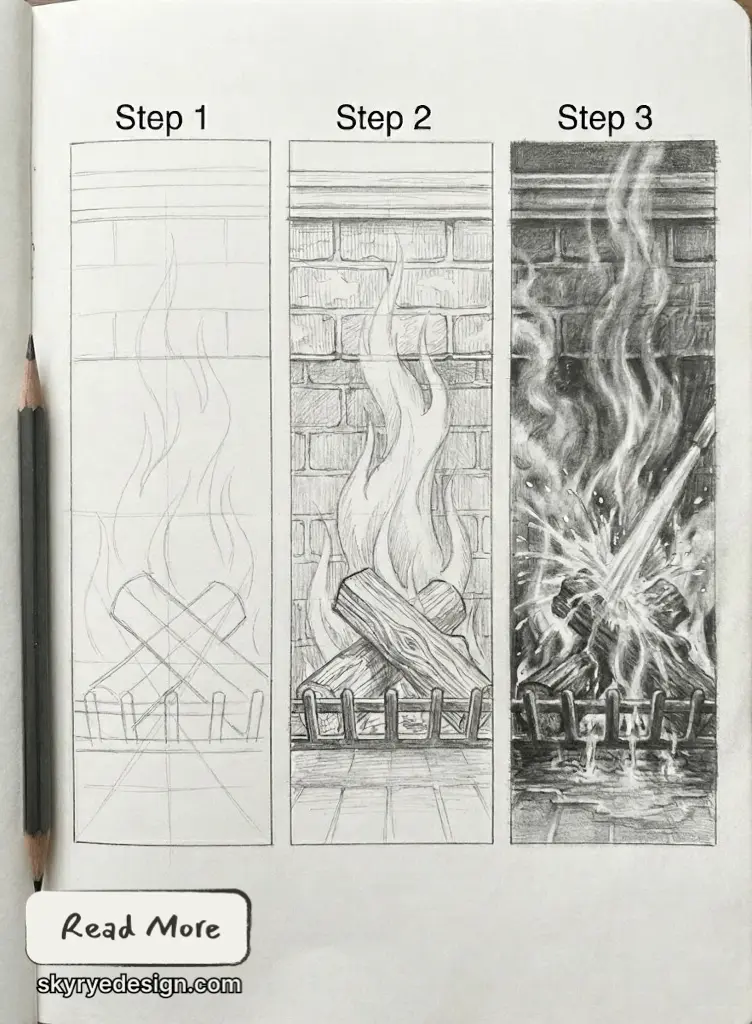 Three-panel pencil fireplace drawing tutorial: step 1 outline, step 2 shaded logs and bricks, step 3 finished dramatic flames and embers.
