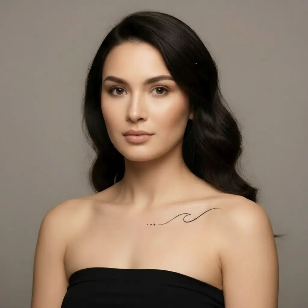 Portrait of a young woman with long dark hair in a strapless black top, minimalist wave shoulder tattoo, neutral gray background—beauty portrait