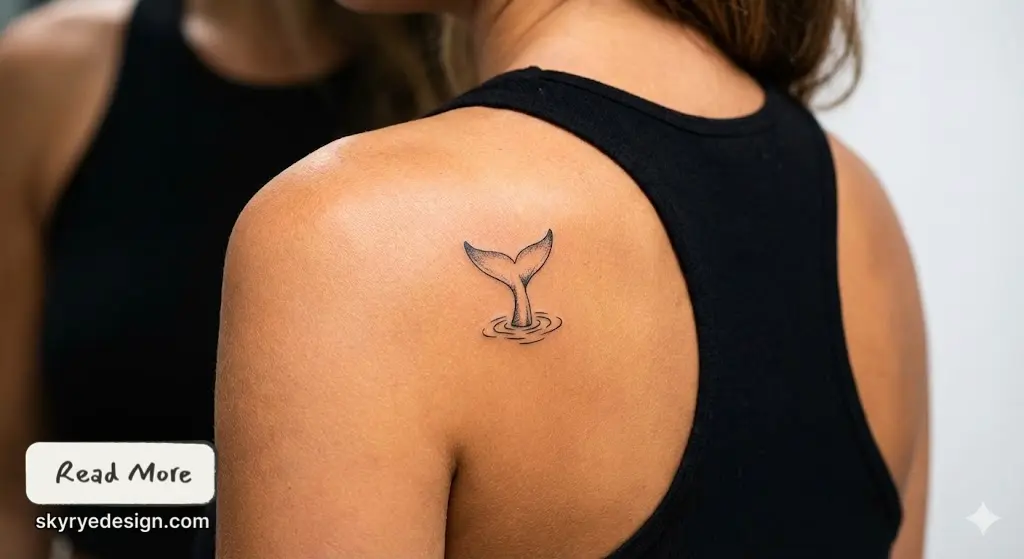 Small minimalist whale tail tattoo on a person's upper shoulder/upper back, delicate black line ink visible above a black tank top