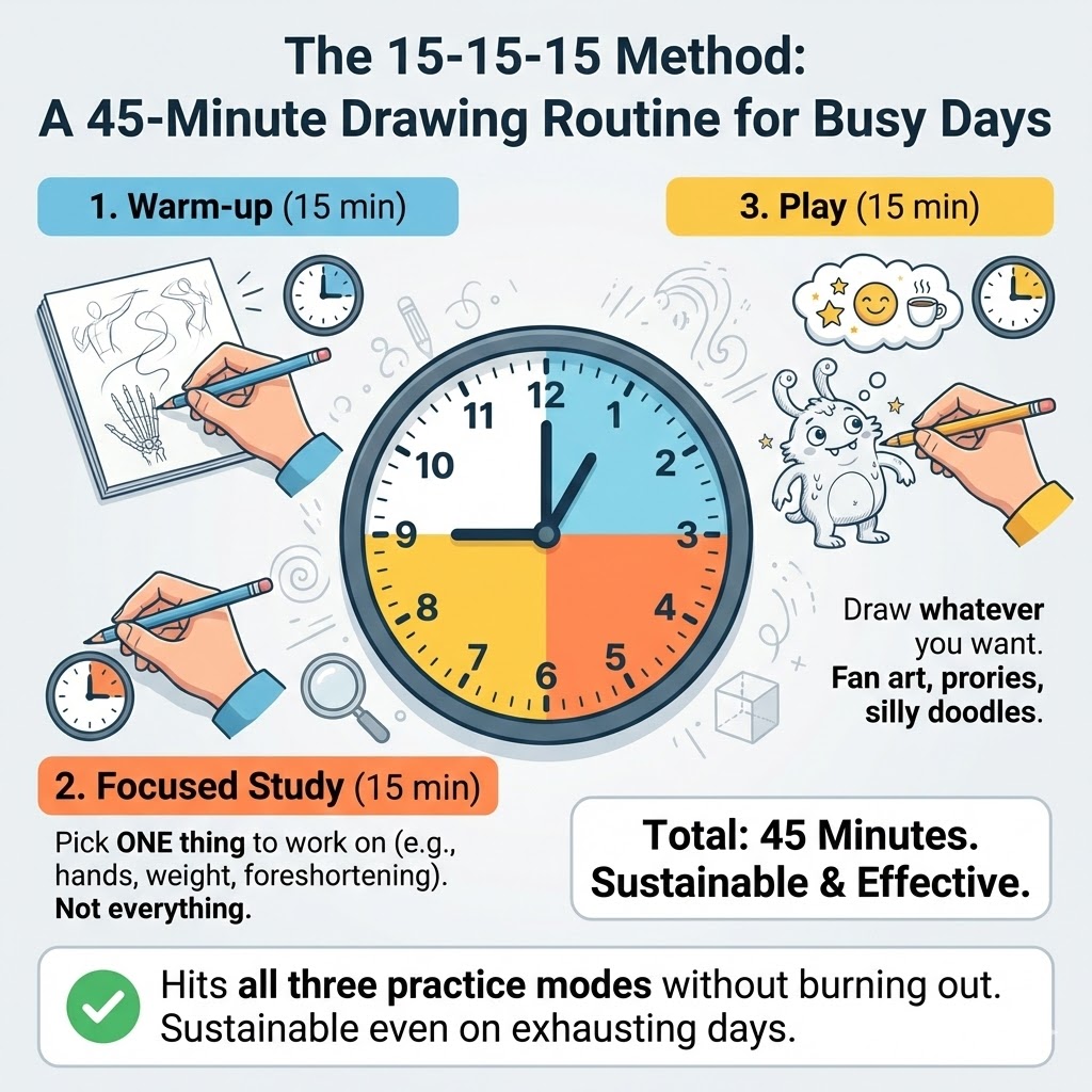 Infographic: 15-15-15 method — 45-minute drawing routine: 15 min warm-up, 15 min focused study, 15 min play; sustainable practice tips.