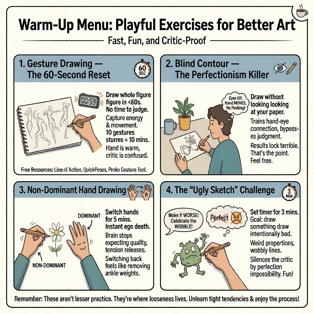Warm-Up Menu infographic showing 4 art exercises: gesture drawing, blind contour, non-dominant hand drawing, and the 'ugly sketch' challenge.