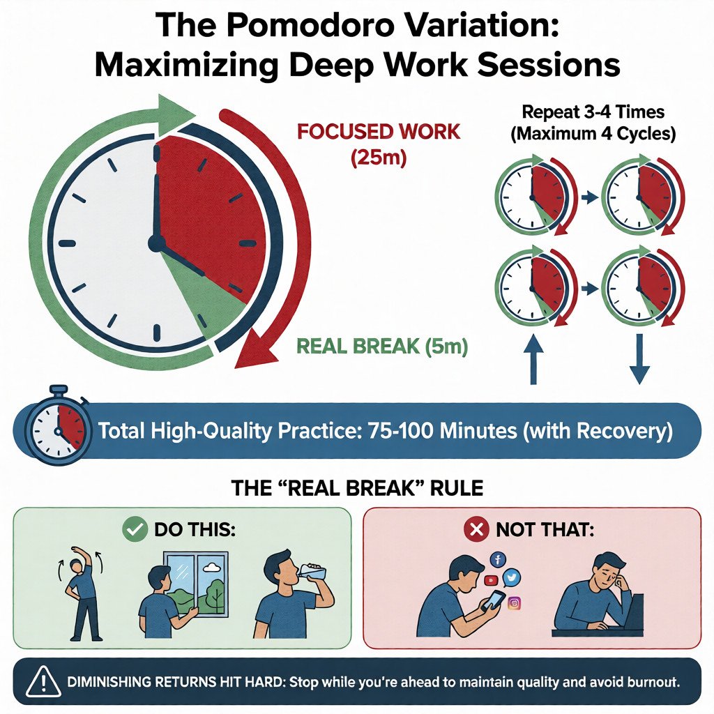 Infographic: Pomodoro variation for deep work - 25 min focused work, 5 min real break; repeat 3–4 cycles (75–100 min total). Use active breaks.