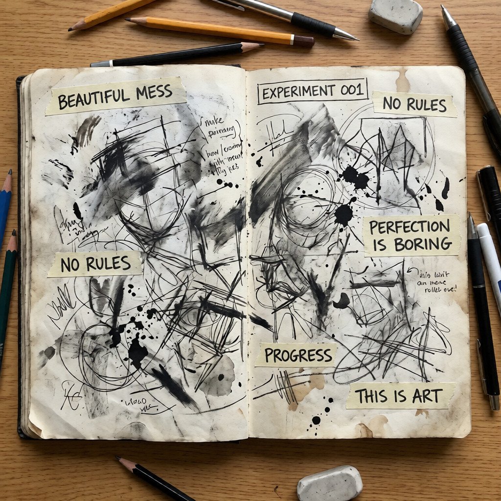 Open art journal with chaotic ink sketches, splatters and tape labels: Beautiful Mess, No Rules, Progress.