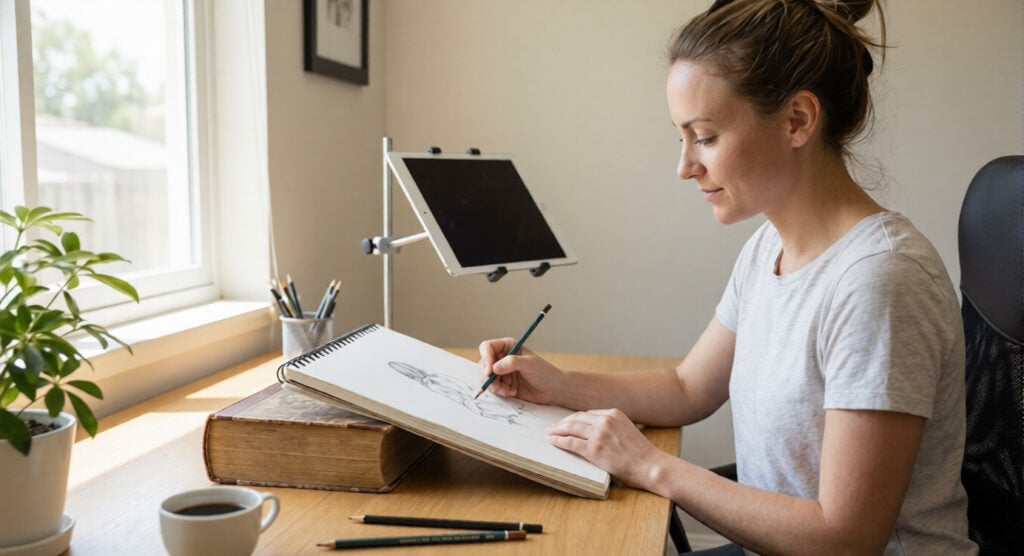 Woman sketching in a sketchbook at a sunny home office desk with tablet, pencils, coffee and plant, freelance artist creating