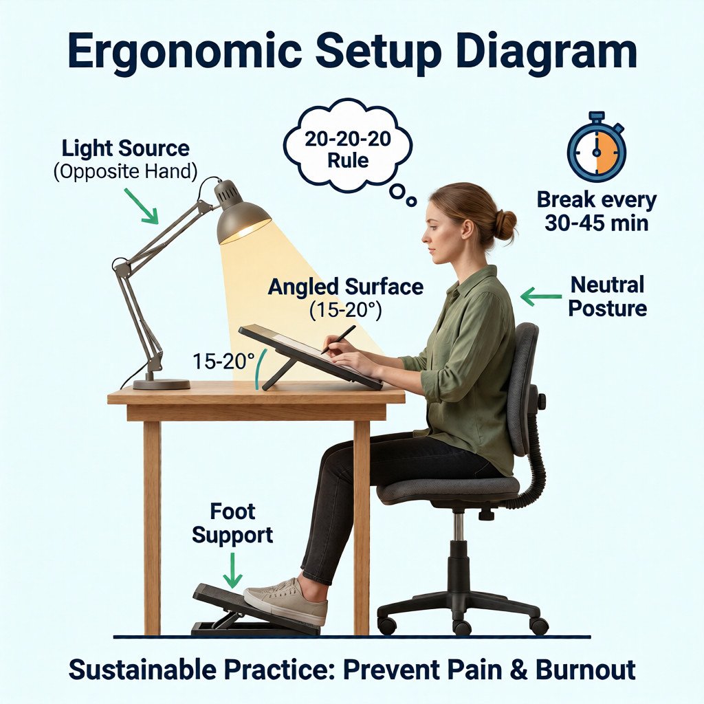 Ergonomic setup diagram: seated person at desk with angled work surface (15–20°), foot support, lamp opposite hand, neutral posture