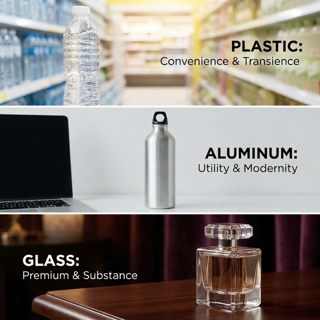 Packaging materials comparison: plastic bottle (convenience), aluminum bottle (utility & modernity), glass perfume bottle (premium)