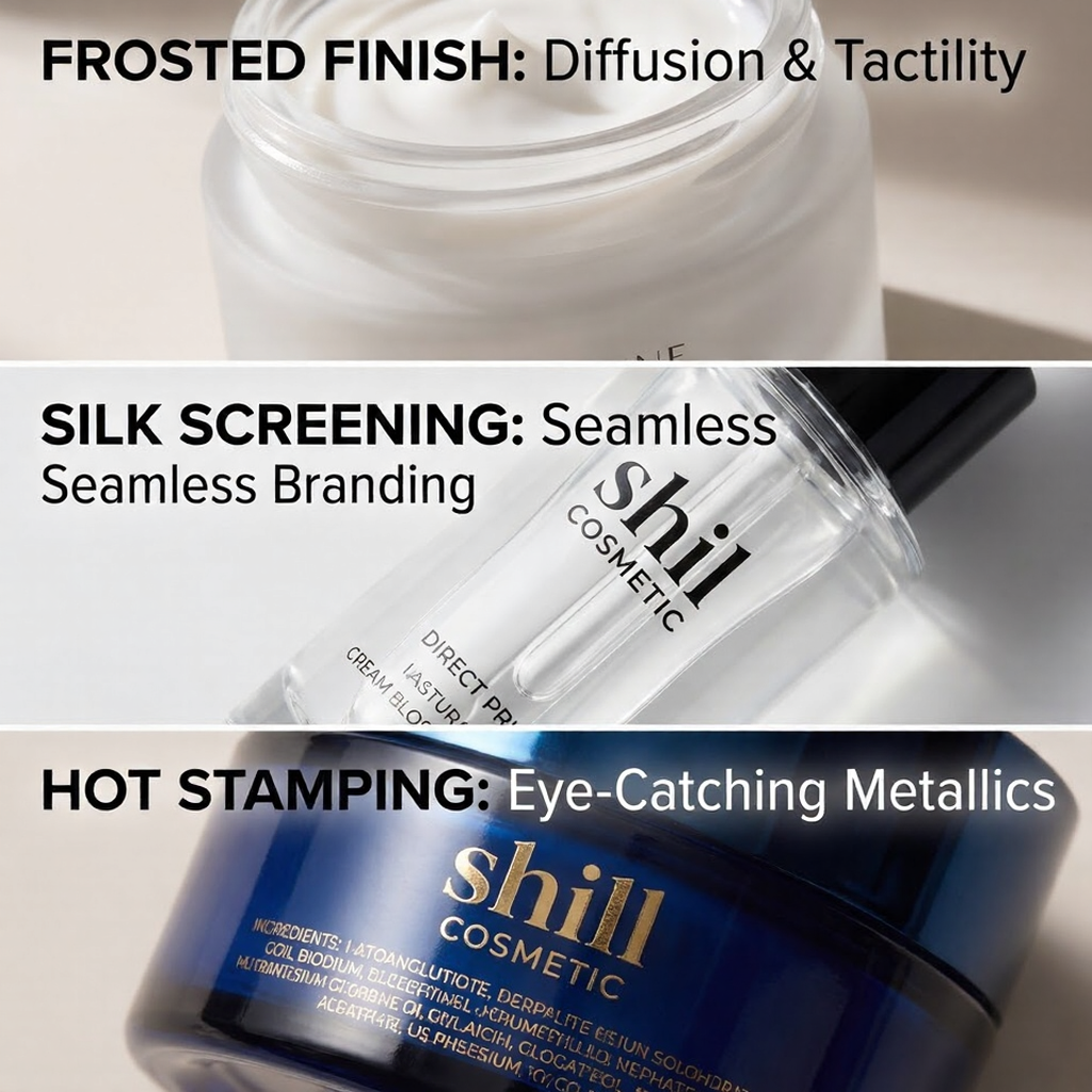 Cosmetic packaging finishes: frosted finish jar, silk-screened clear bottle, blue jar with gold hot-stamped metallic logo for premium branding.