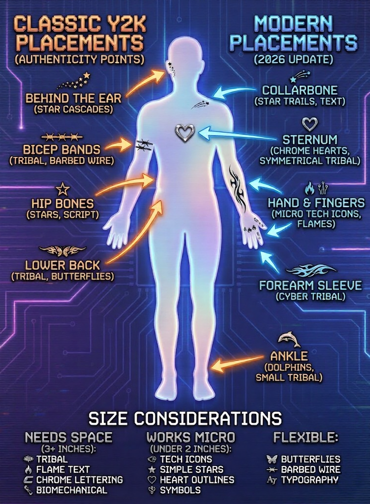 Infographic body map comparing Classic Y2K vs Modern (2026) tattoo placements, authenticity points and size considerations.
