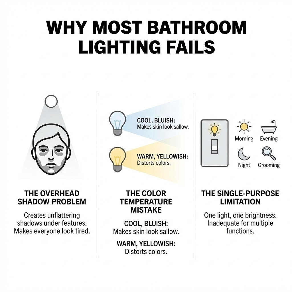 Infographic: Why bathroom lighting fails — overhead shadows, wrong color temperature (cool sallow, warm yellow), and single-purpose brightness.