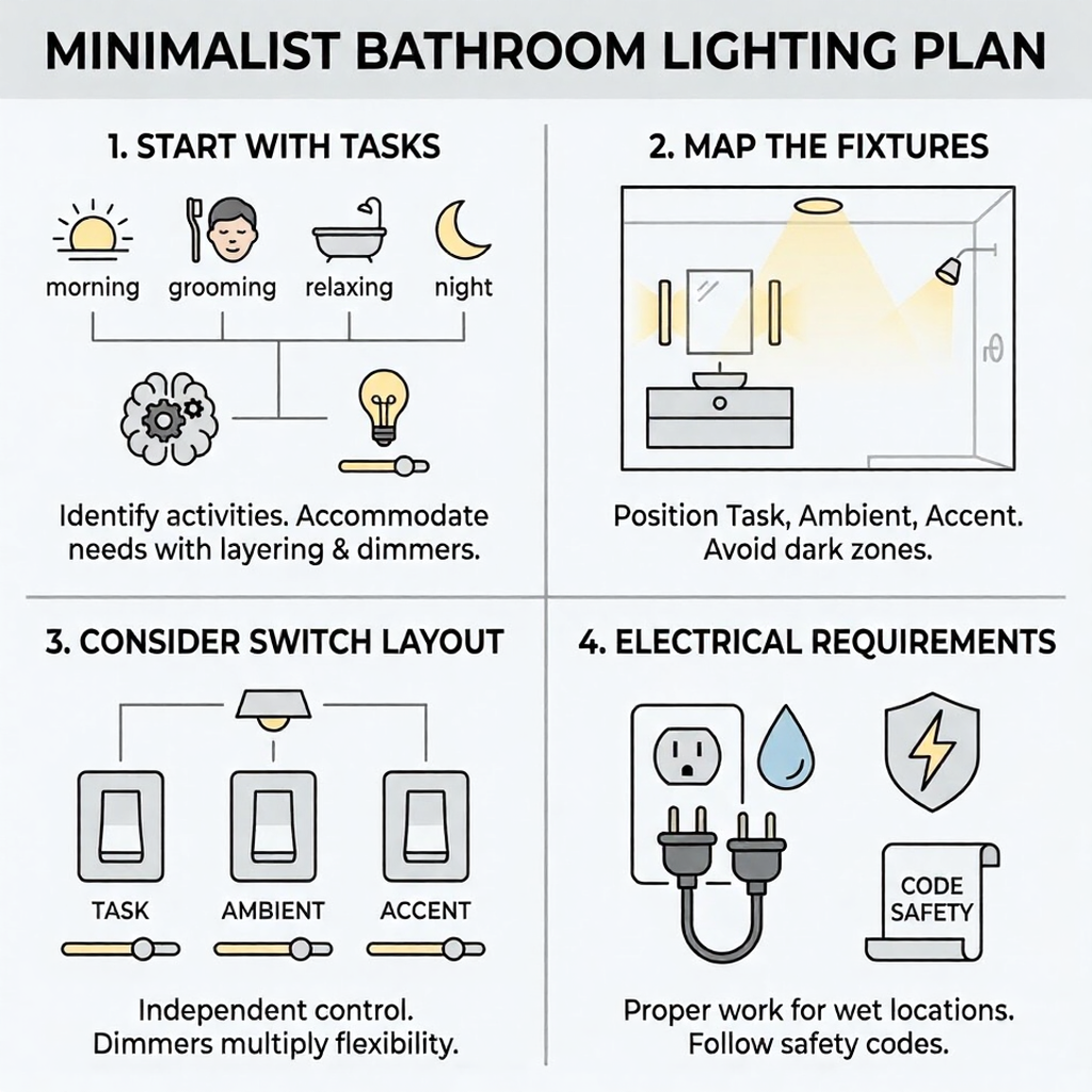 Minimalist bathroom lighting plan infographic: 4 steps—identify tasks, map fixtures, plan switch layout, follow electrical and safety codes