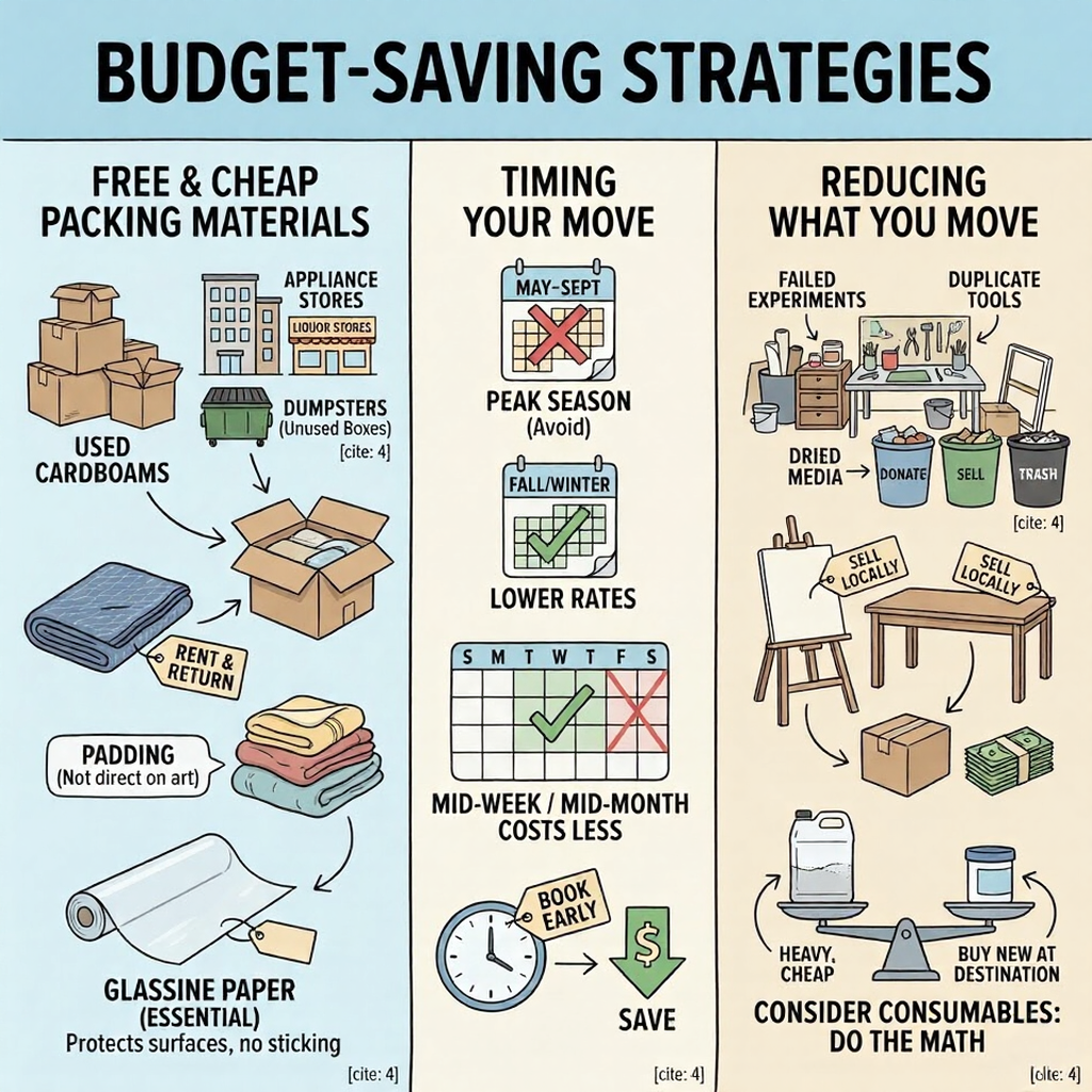 Budget-saving moving infographic: free/cheap packing materials, best timing to move for lower rates, and ways to reduce items.