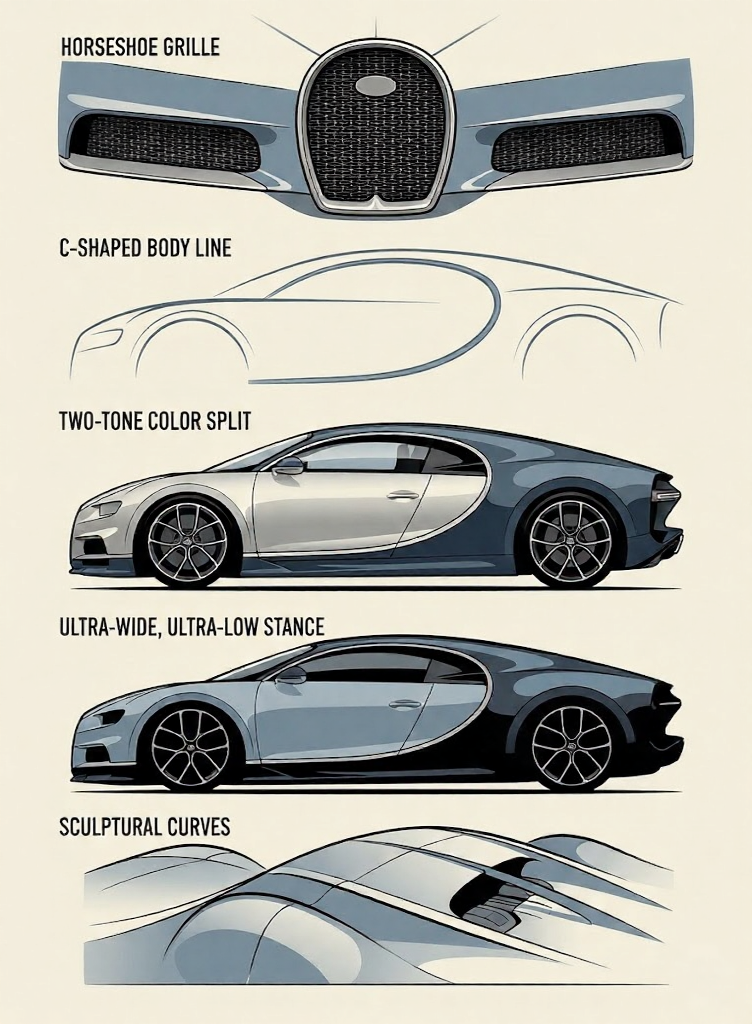 Infographic of Bugatti car design features: horseshoe grille, C-shaped body line, two-tone color split, ultra-wide low stance, sculptural curves.