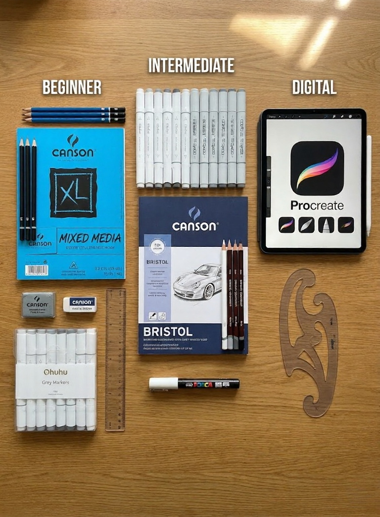 Flatlay of art supplies labeled Beginner/Intermediate/Digital: Canson pads, pencils, grey markers, ruler, French curve, iPad with Procreate.