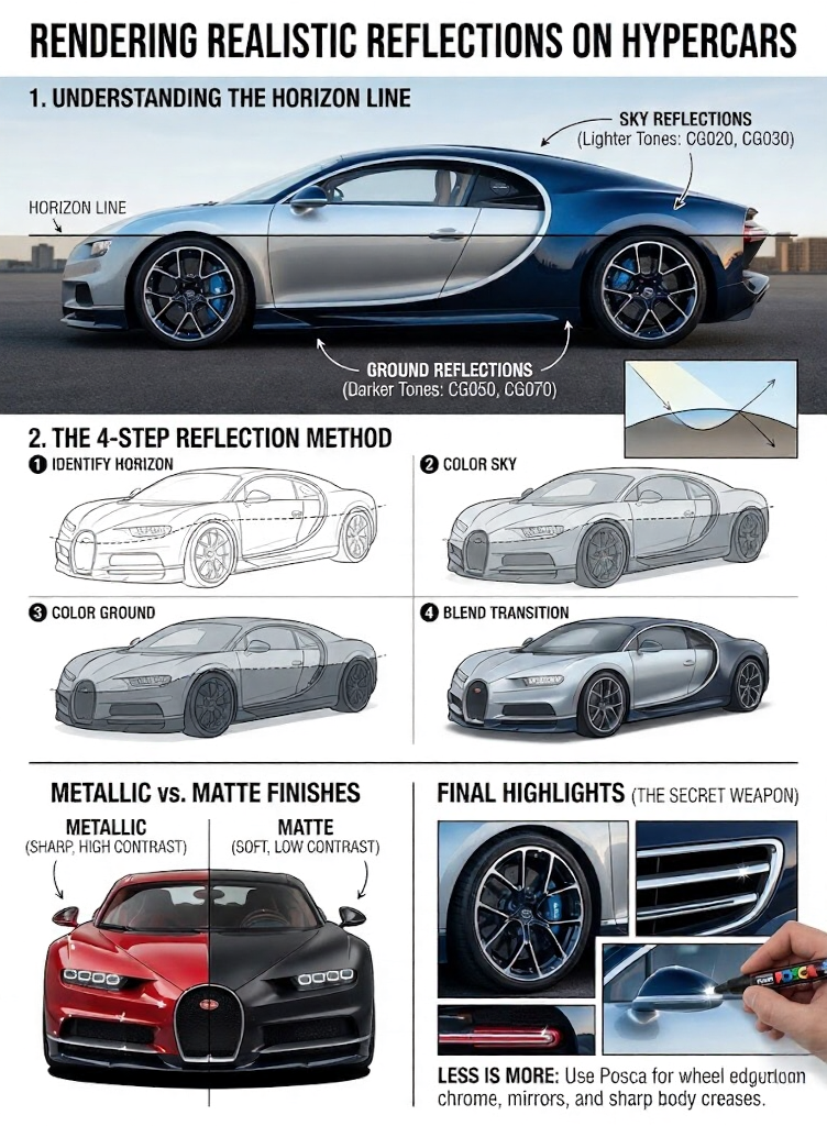 Infographic showing step-by-step guide to rendering realistic hypercar reflections: horizon line, sky and ground reflections, and metallic vs matte finishes.