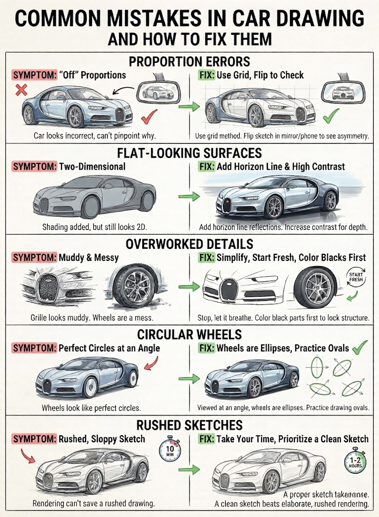 Infographic: common car-drawing mistakes (proportions, flat surfaces, overworked details, wheels, rushed sketches) before/after fixes & tips