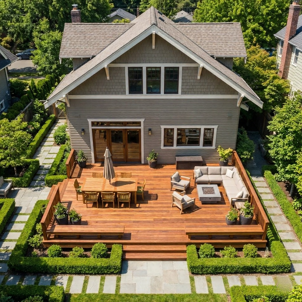 Aerial view of a craftsman-style house with a spacious wooden deck featuring outdoor dining, lounge seating, fire pit, and manicured garden.