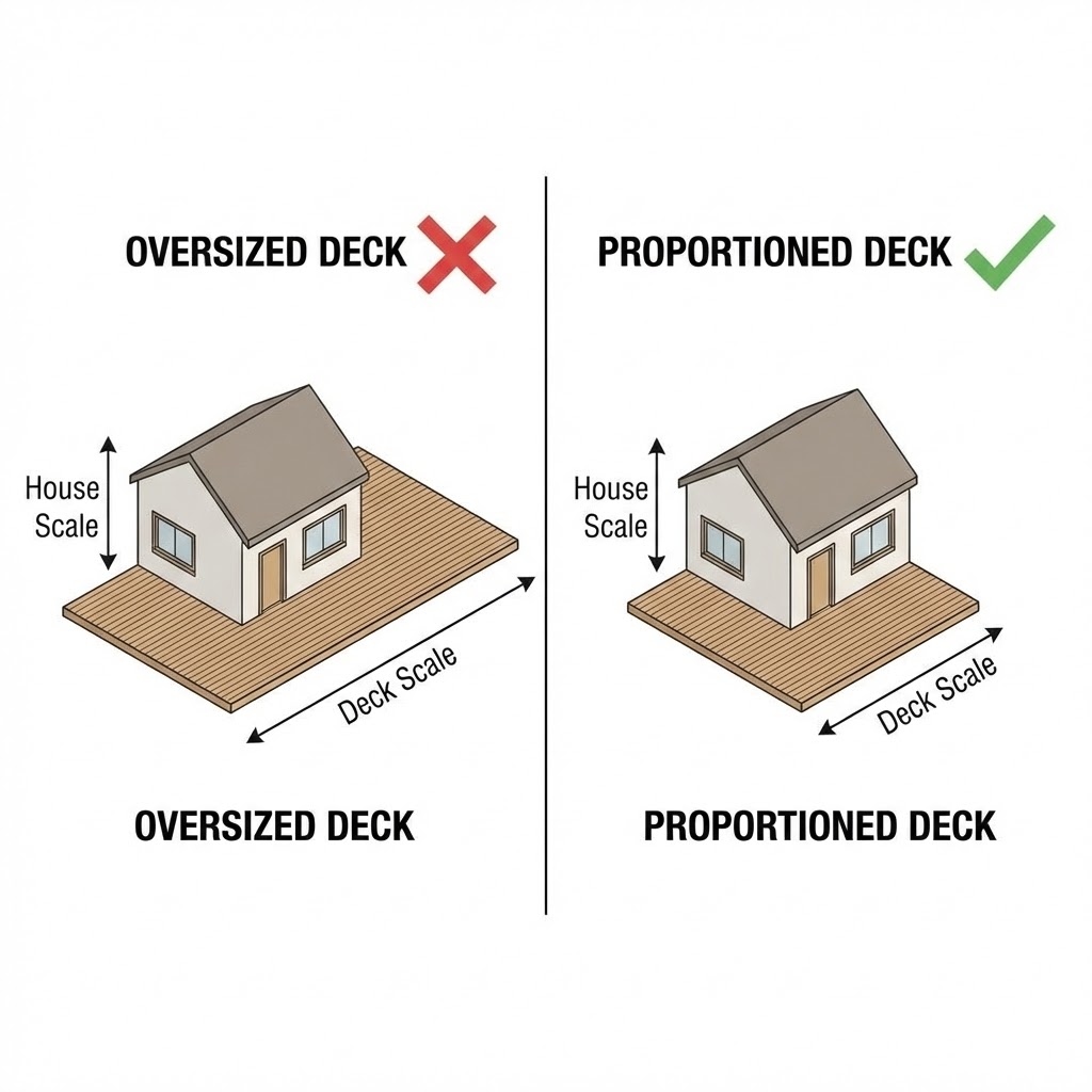 Deck size comparison: illustration showing oversized vs proportioned decks beside a house, highlighting deck scale vs house scale for proper design.