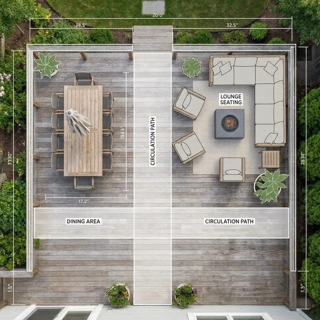 Aerial view of wooden backyard deck plan with dining area, lounge seating, labeled circulation paths and surrounding garden landscaping.