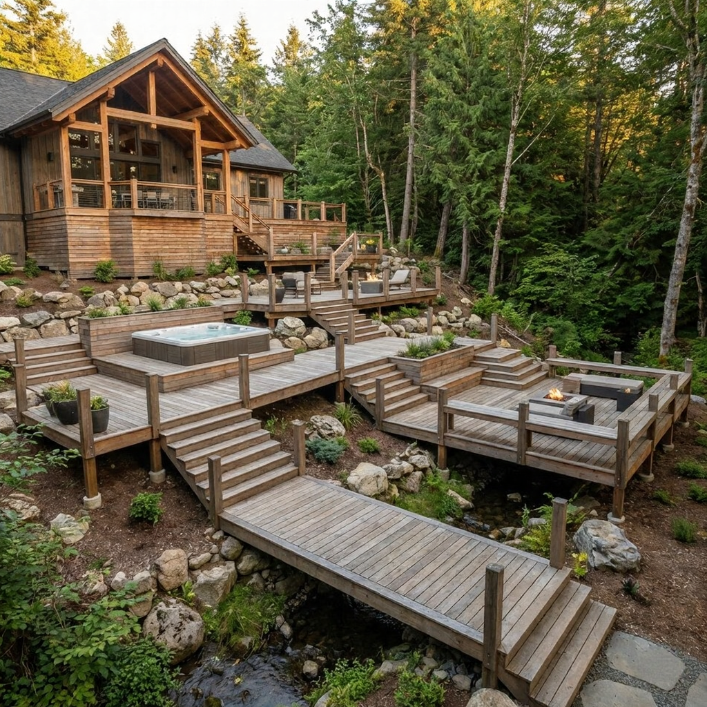 Rustic wooden cabin with multi-level decks, hot tub and fire pit beside a stream, nestled in a lush forested mountain retreat.